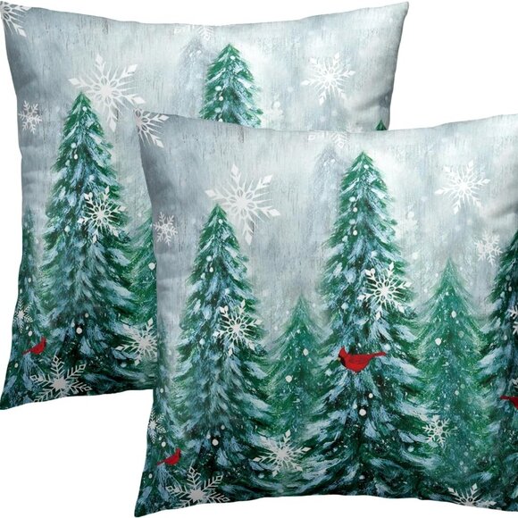 Winter Forest Throw Pillow Covers 18x18 Set of 2, Nature Pine Trees Birds Snow - Picture 2 of 4